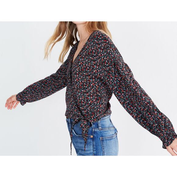 Madewell Floral Silk Long-Sleeve Wrap Top sz XS - Picture 6 of 6